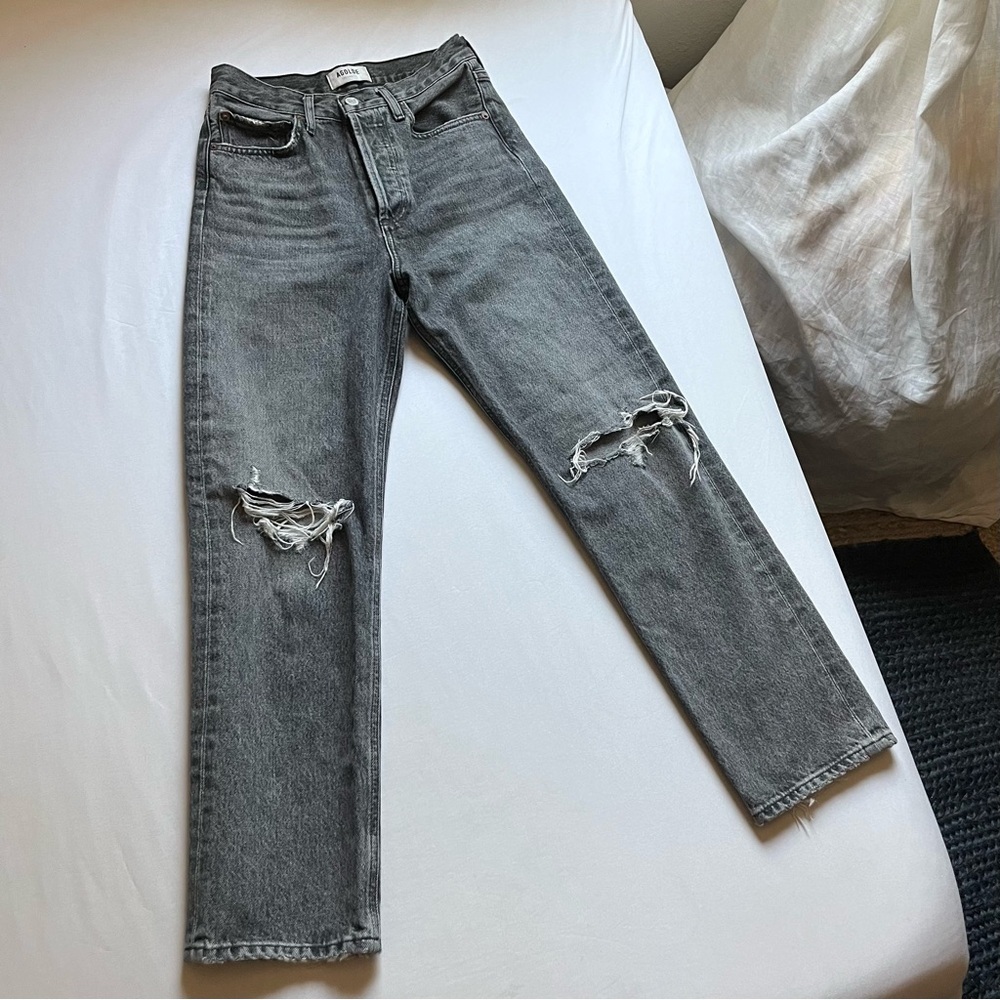 AGOLDE grey stone wash distressed organic cotton high rise slim leg cropped jean